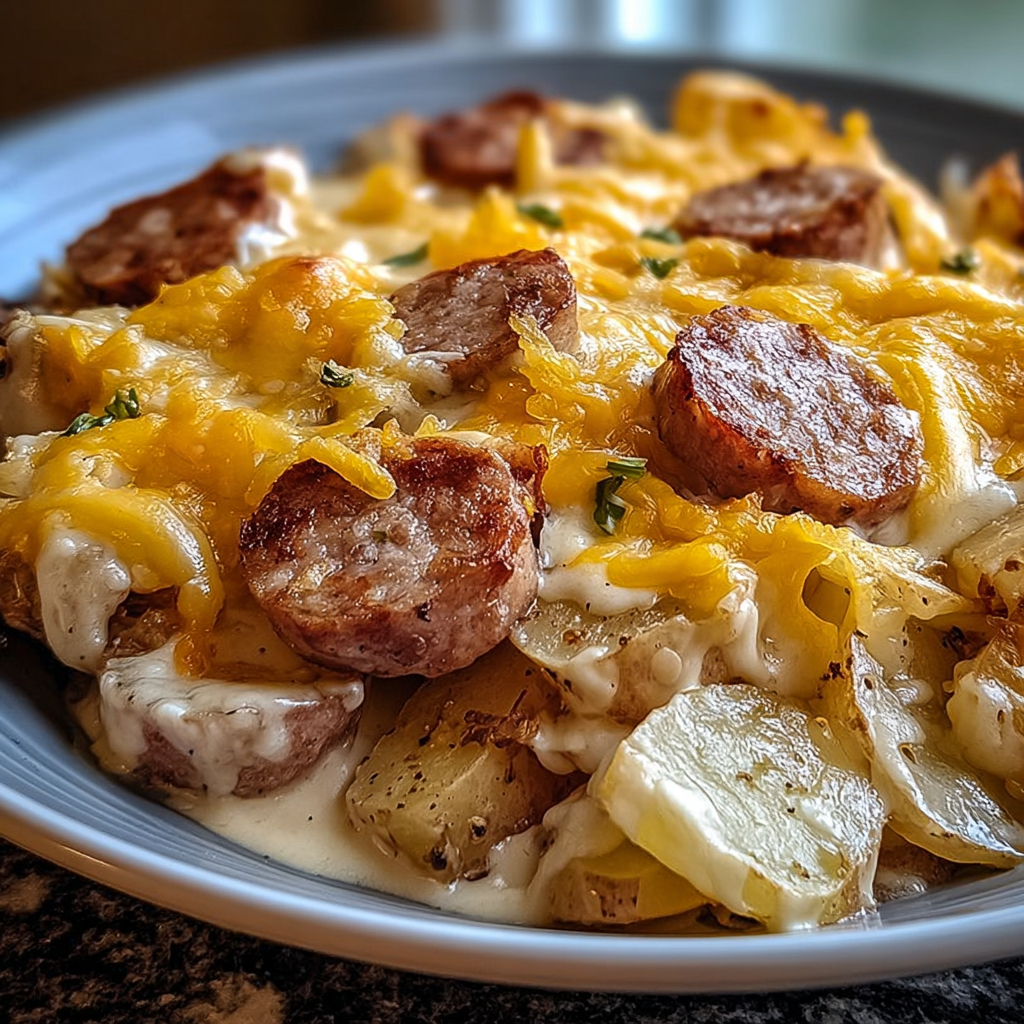 A plate of food with a variety of ingredients, including sausage, potatoes, and cheese, is presented on a dining table.