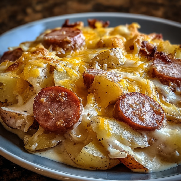 A delicious cheese and sausage covered potato dish, likely a loaded baked potato, is served on a white plate.