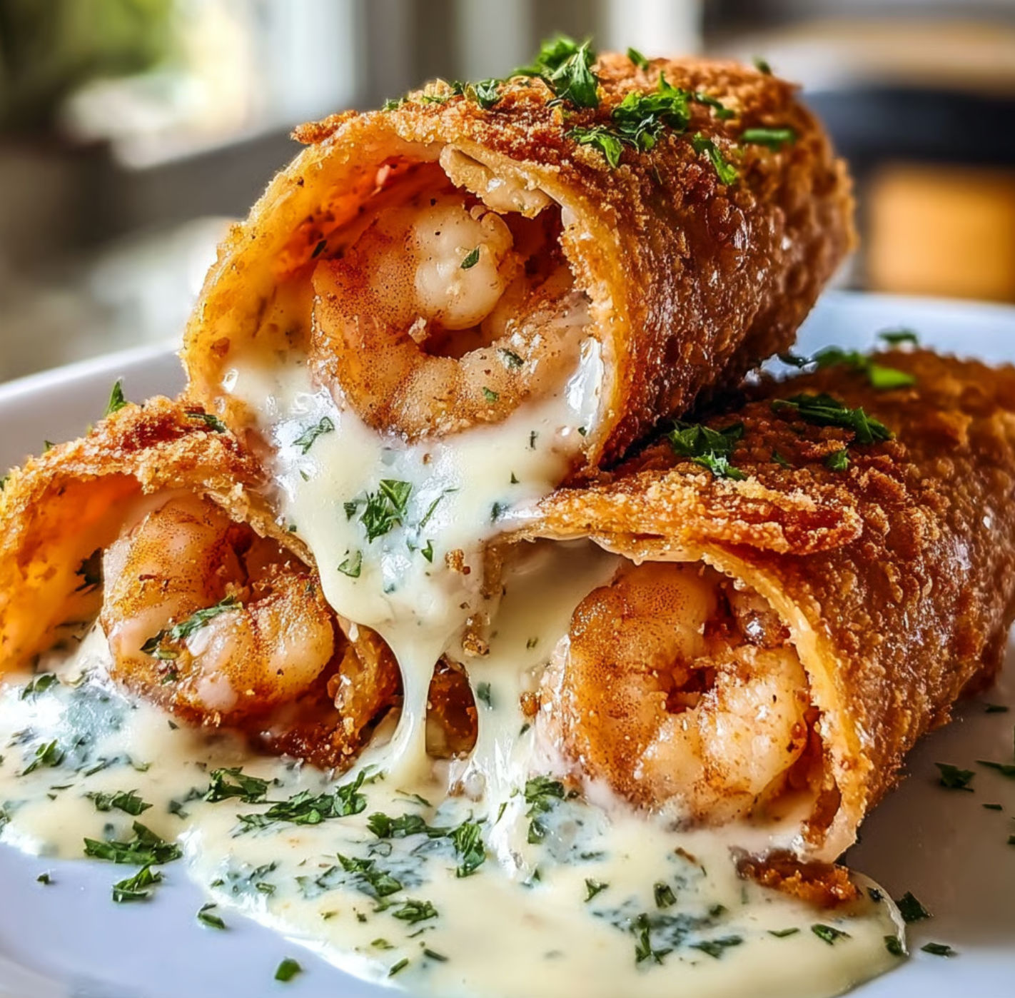 A plate of shrimp and cheese wrapped in bacon, served with a side of dipping sauce.