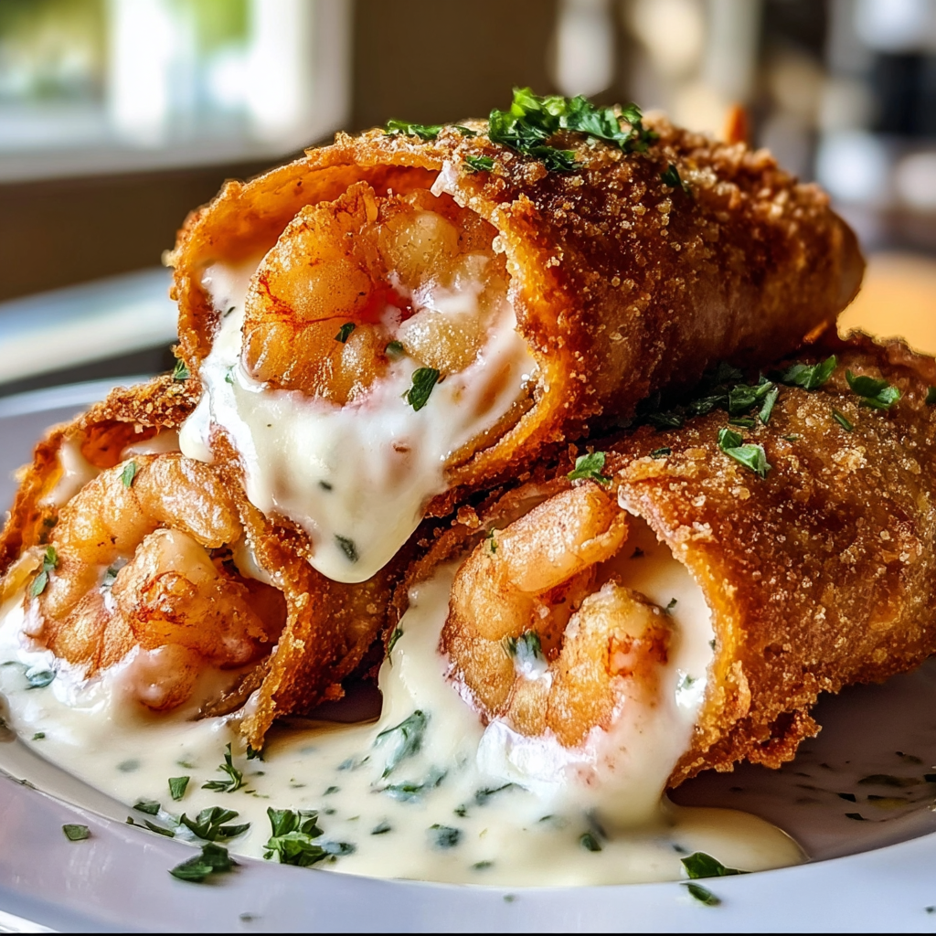 A plate of shrimp po' boy sandwiches with a creamy sauce.
