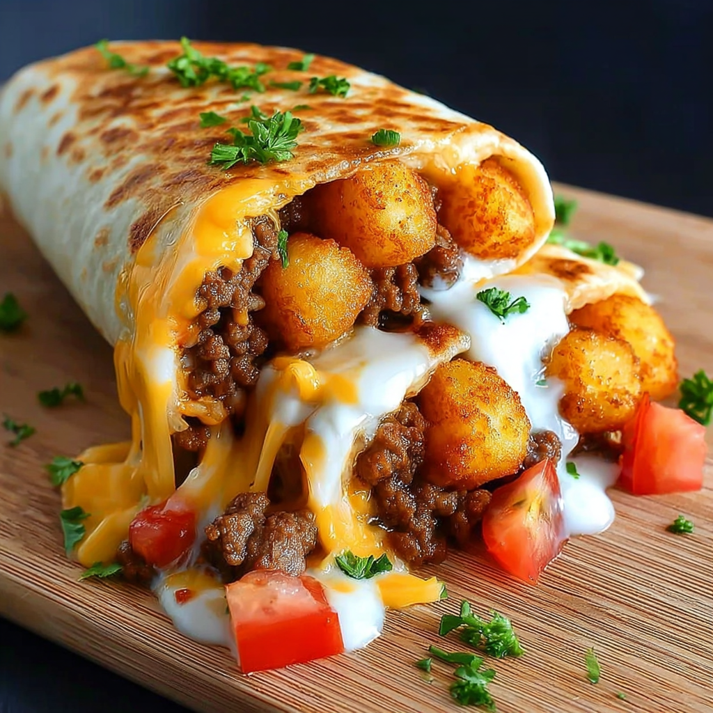 A delicious burrito filled with meat, cheese, and potatoes, served on a wooden cutting board.