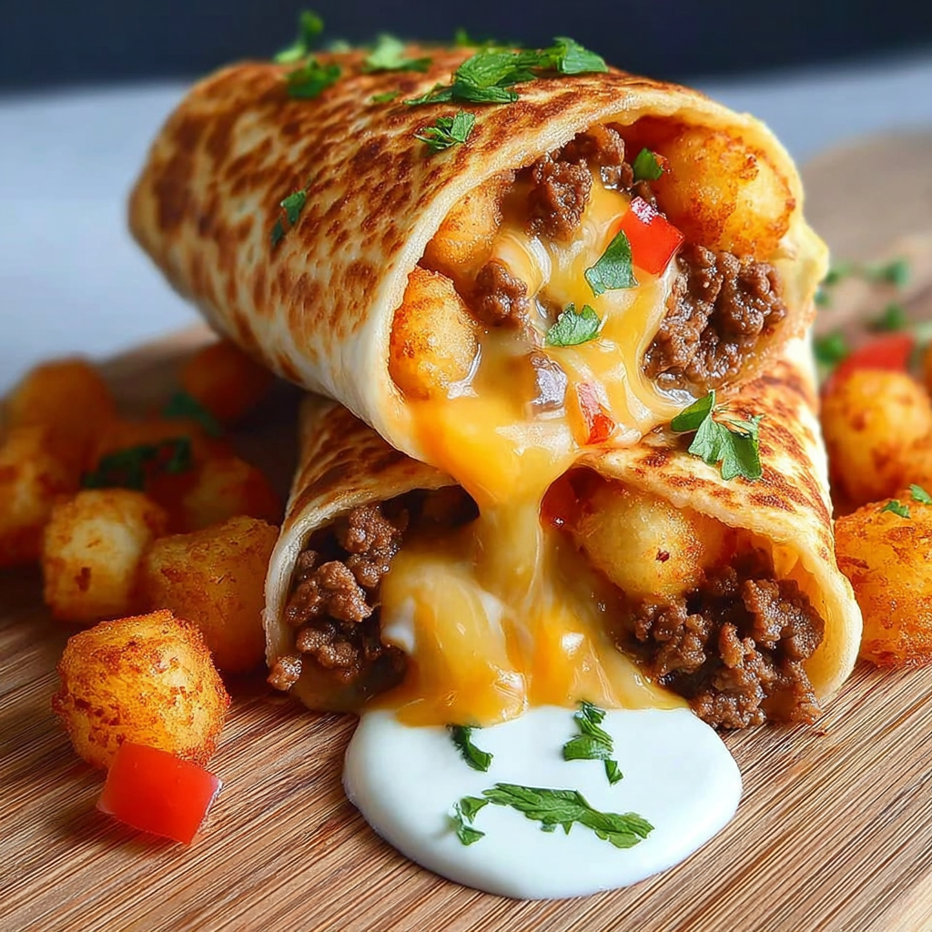 A delicious burrito filled with meat and cheese is served on a wooden table.