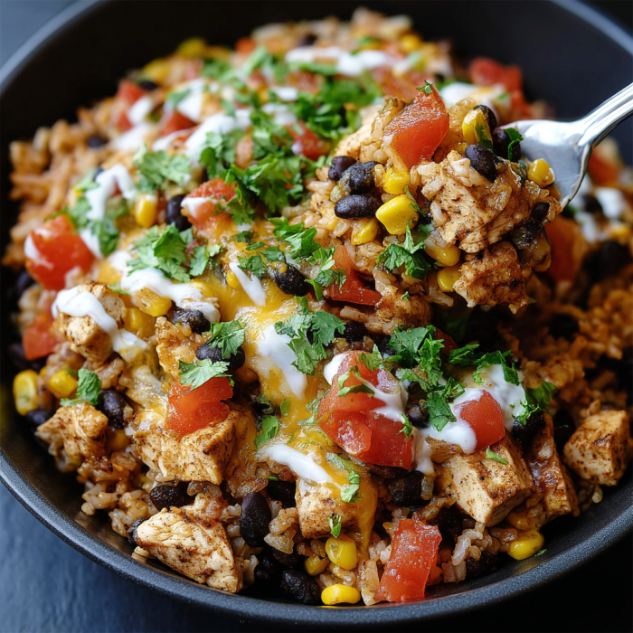 A bowl of rice and beans with a spoon in it.