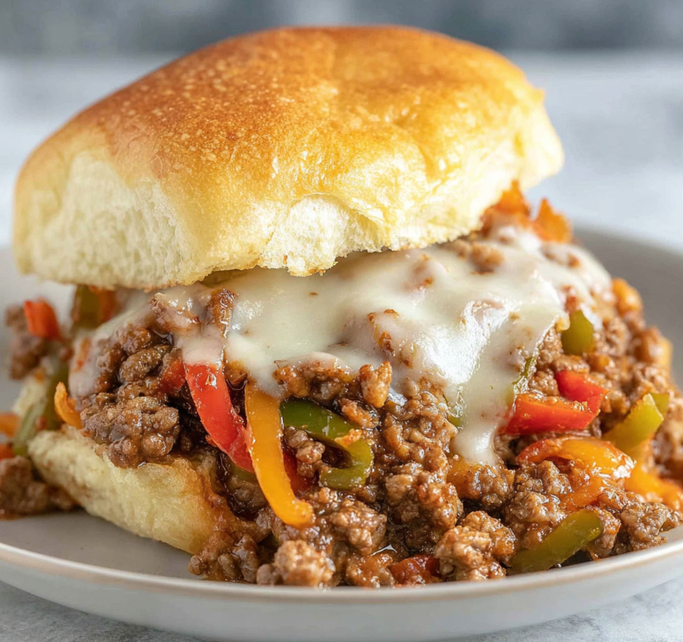 A delicious Philly Cheesesteak Sloppy Joes sandwich is served on a white plate.