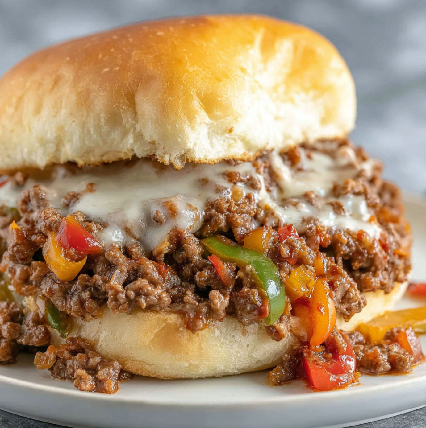 A delicious beef and pepper sandwich on a white plate.