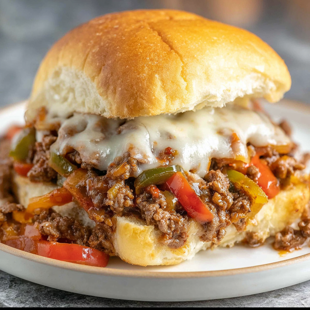 A delicious sandwich with meat, cheese, and peppers on a bun.