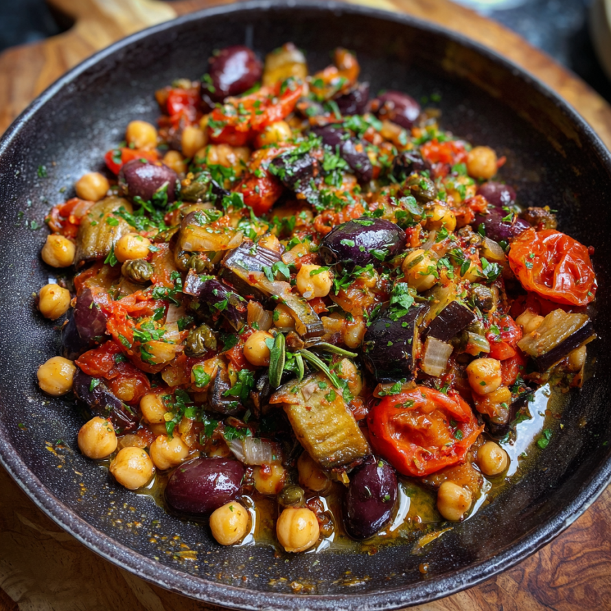 A bowl of food with a variety of ingredients, including tomatoes, olives, and chickpeas, is presented on a wooden table. The dish appears to be a hearty and flavorful meal, possibly a chickpea and tomato stew.