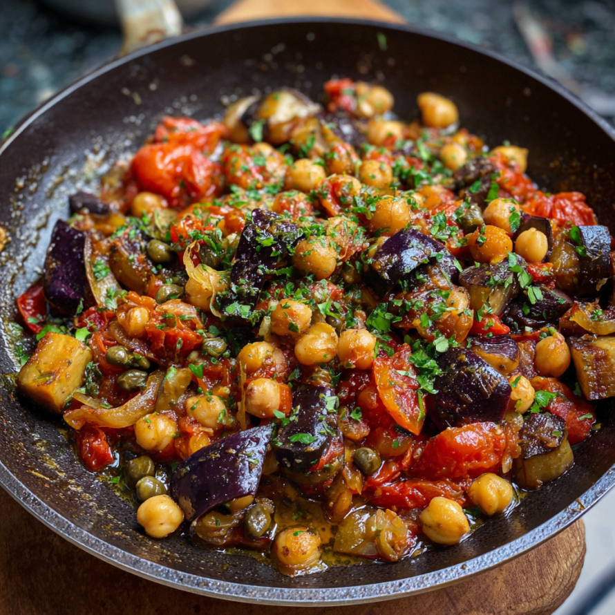 A delicious vegetable stir fry in a black pan, featuring a variety of ingredients such as tomatoes, onions, chickpeas, and peppers.