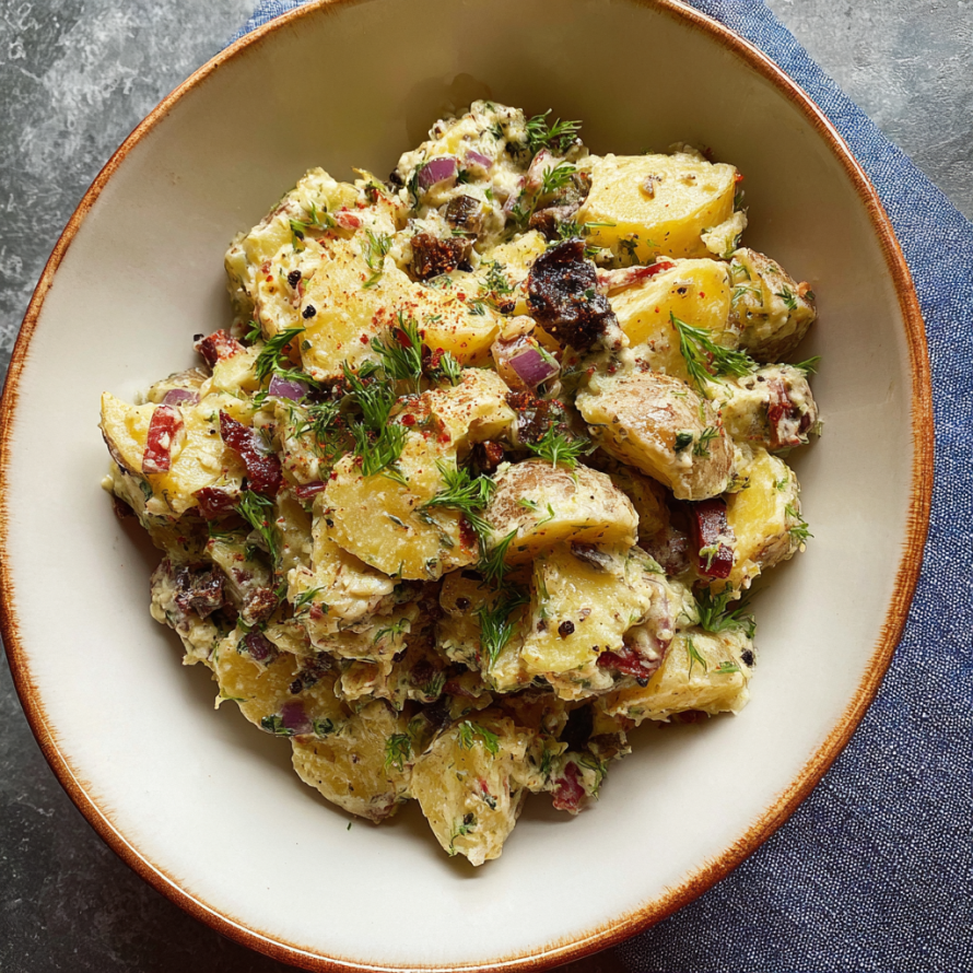 A bowl filled with a delicious potato salad.
