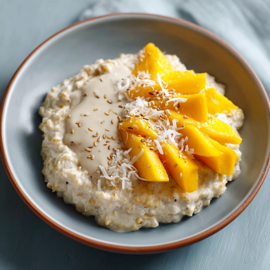 A bowl of Mango Sticky Oatmeal is topped with sliced mango and coconut flakes.
