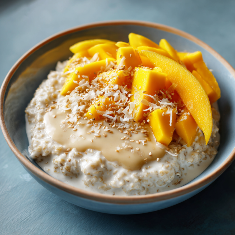 A bowl of Mango Sticky Oatmeal is served in a blue bowl.
