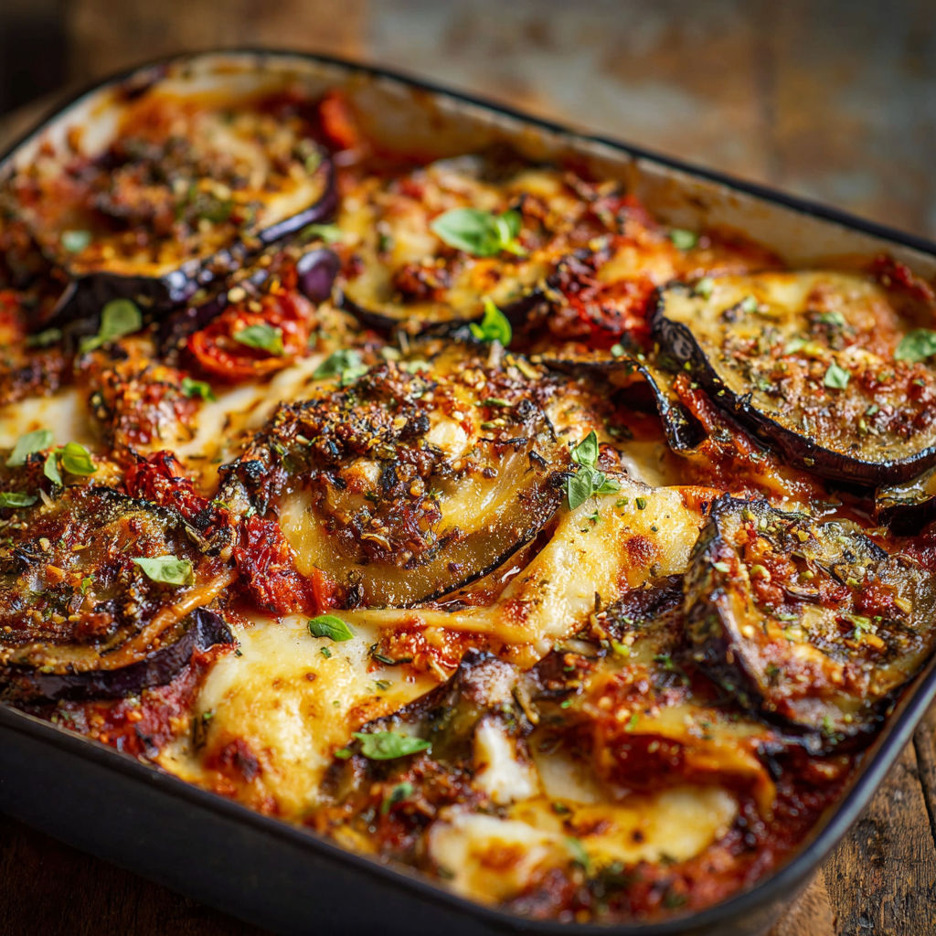 A dish of lasagna with a variety of vegetables and cheese.