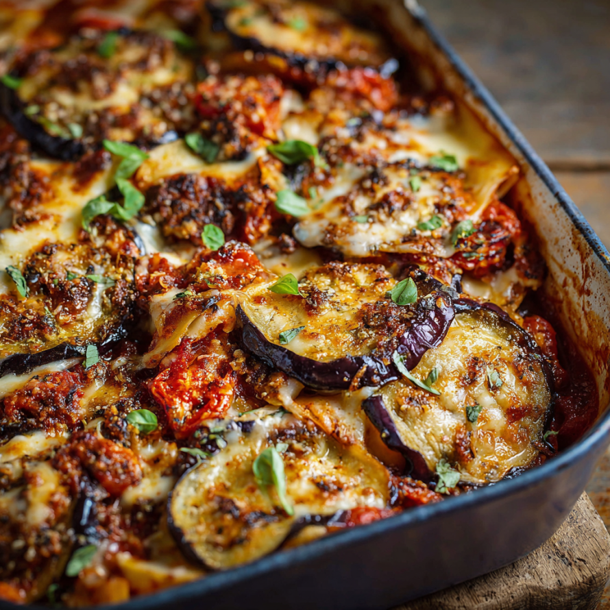 A delicious lasagna dish with a variety of vegetables and cheese.