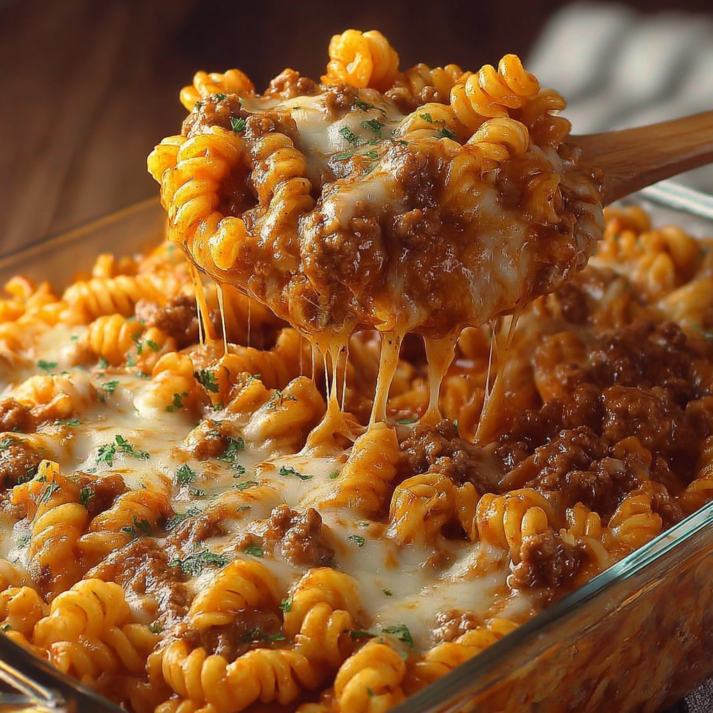 A close up of a delicious cheesy hamburger casserole.