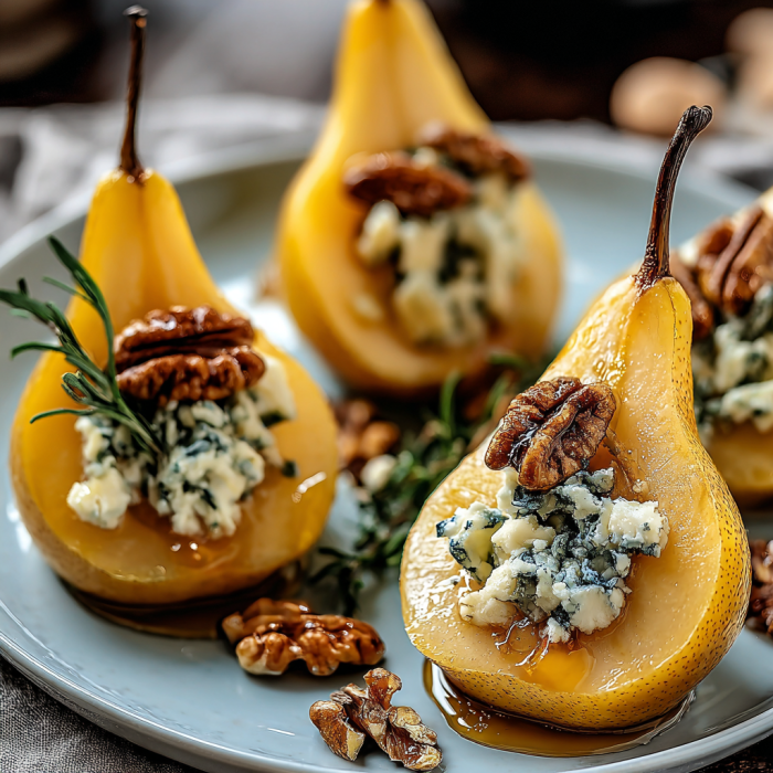 A plate of pears with blue cheese and walnuts, possibly a dessert or a savory dish.