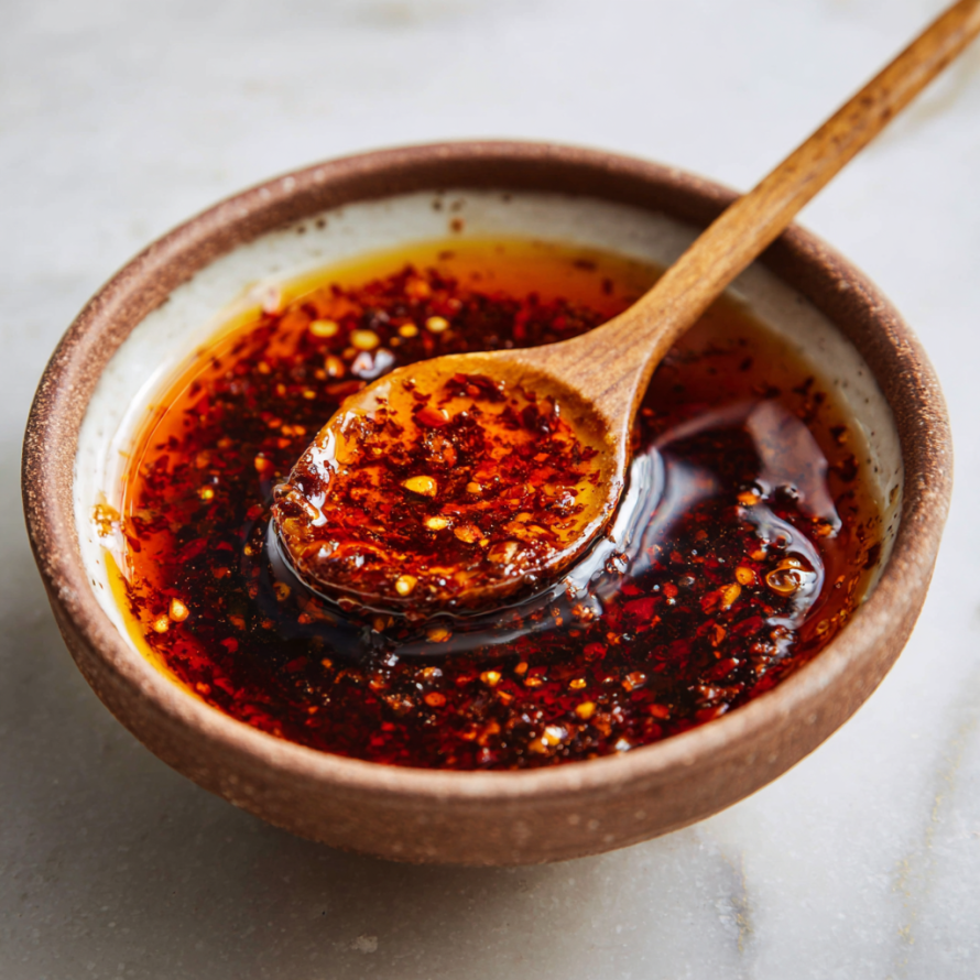 A wooden spoon is being used to stir a bowl of chili oil.