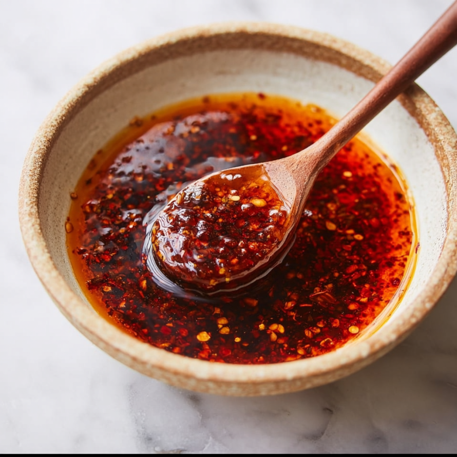 A wooden spoon is being used to stir a bowl of chili oil.