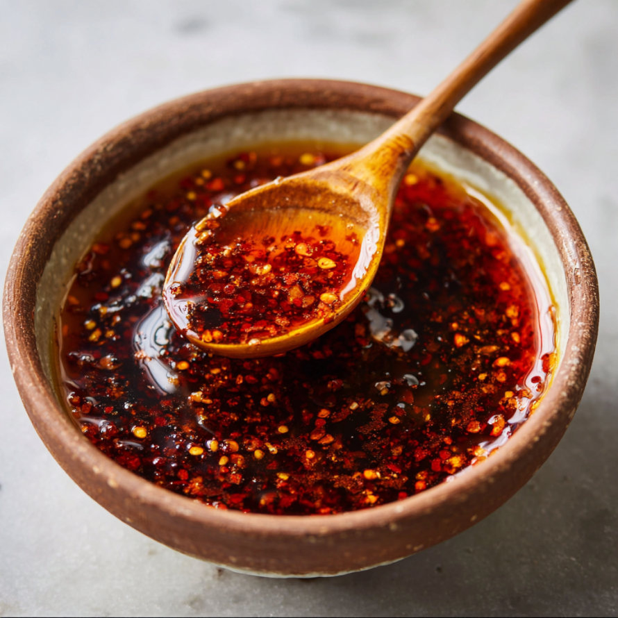A wooden spoon is being used to stir chili oil in a bowl.