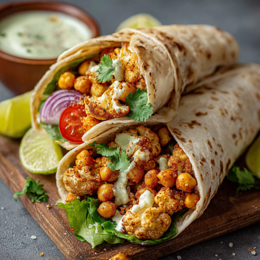 A delicious wrap filled with chickpeas, tomatoes, and cheese, served with a side of hummus.