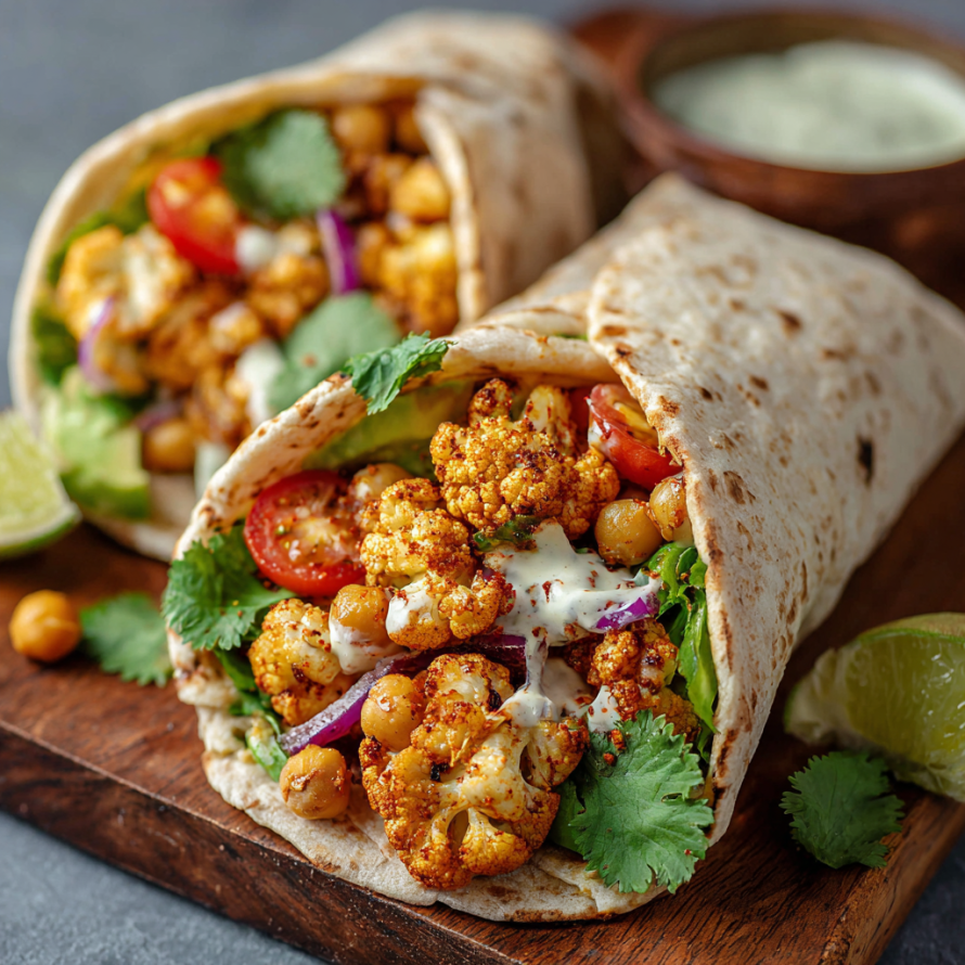 A delicious vegetable wrap filled with cauliflower, tomatoes, and lime.