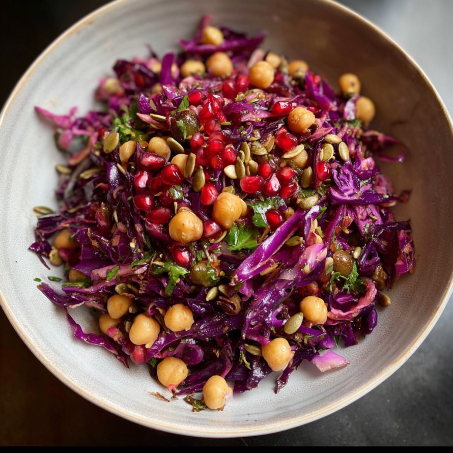A bowl of food with a variety of ingredients, including red cabbage, pine nuts, and raisins, is presented on a table.