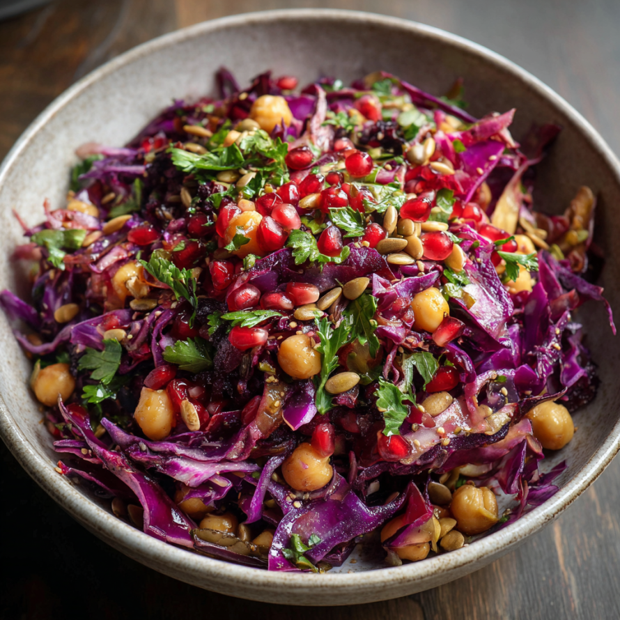A bowl of vegetables, including red cabbage, chickpeas, and pine nuts, is displayed on a wooden table.