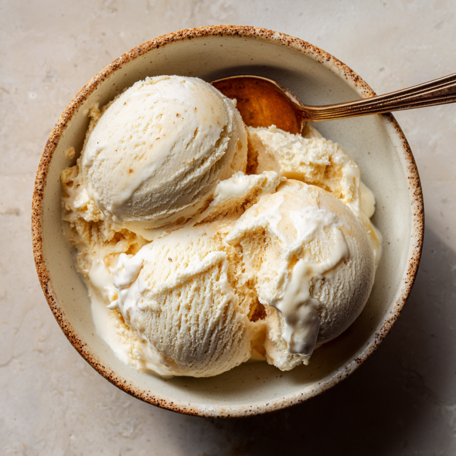 A bowl of ice cream with a spoon in it.