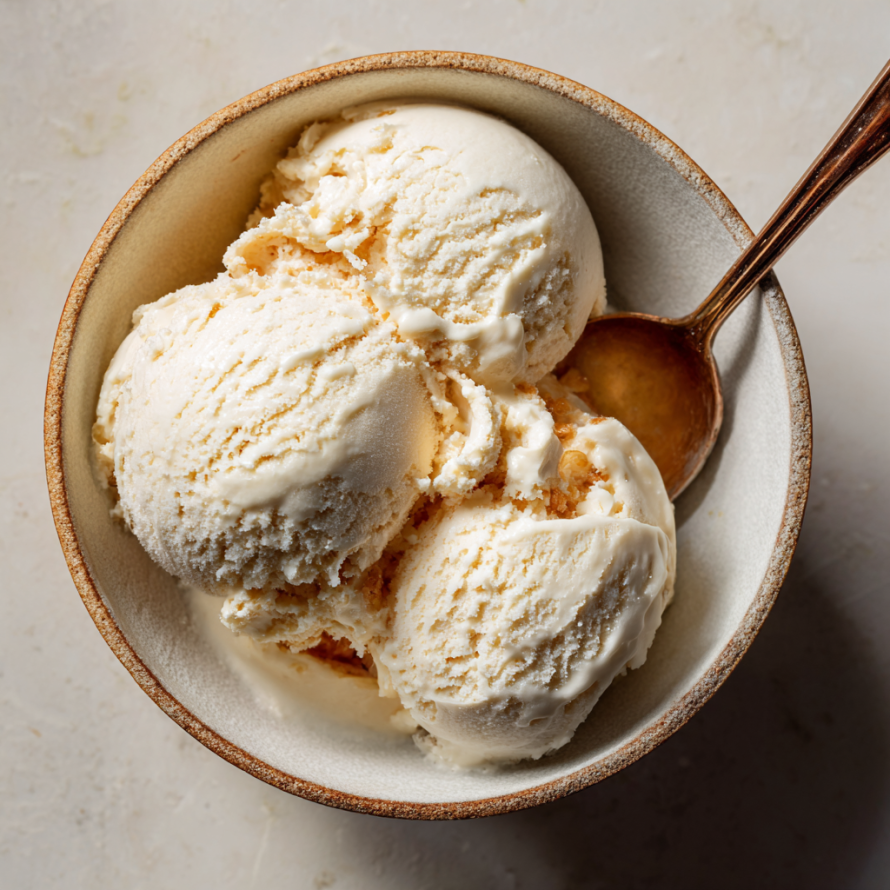 A bowl of ice cream with a spoon in it.