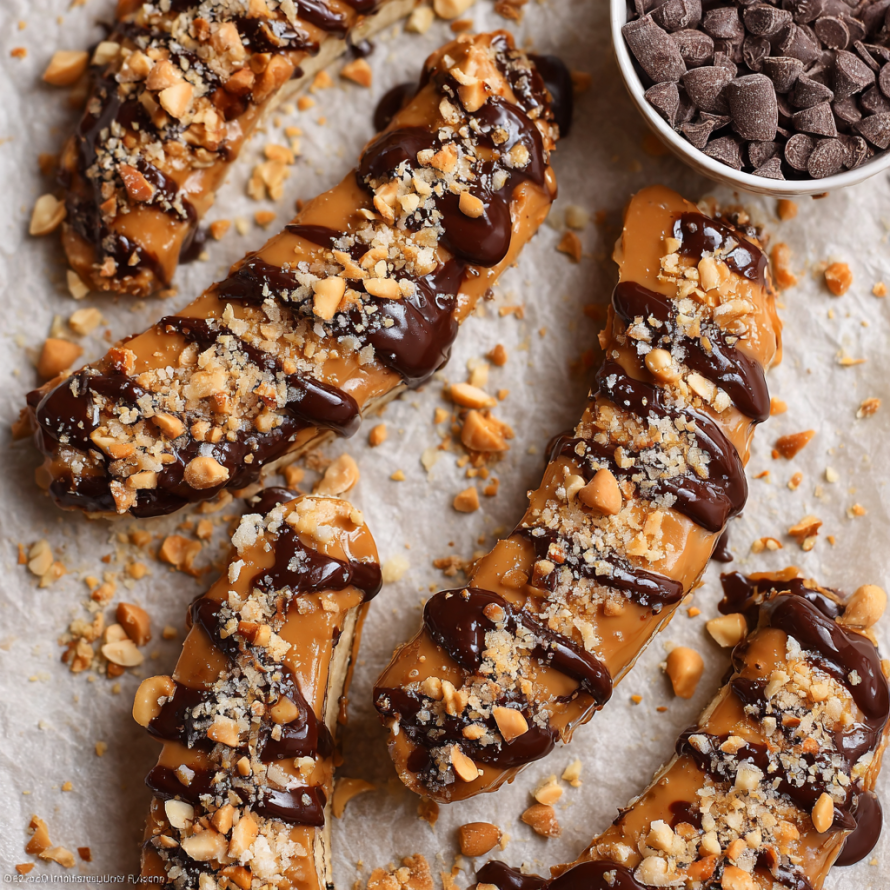A close up of a delicious chocolate covered peanut butter and nutella filled pastry.