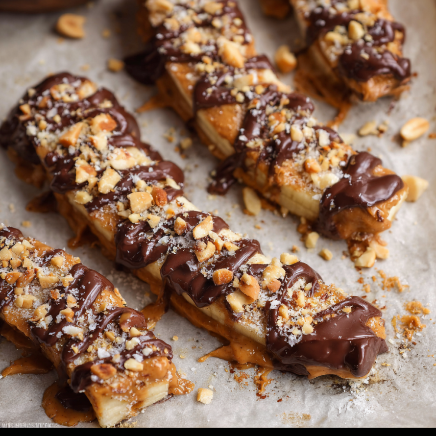 A close up of a chocolate covered banana split with nuts on top.