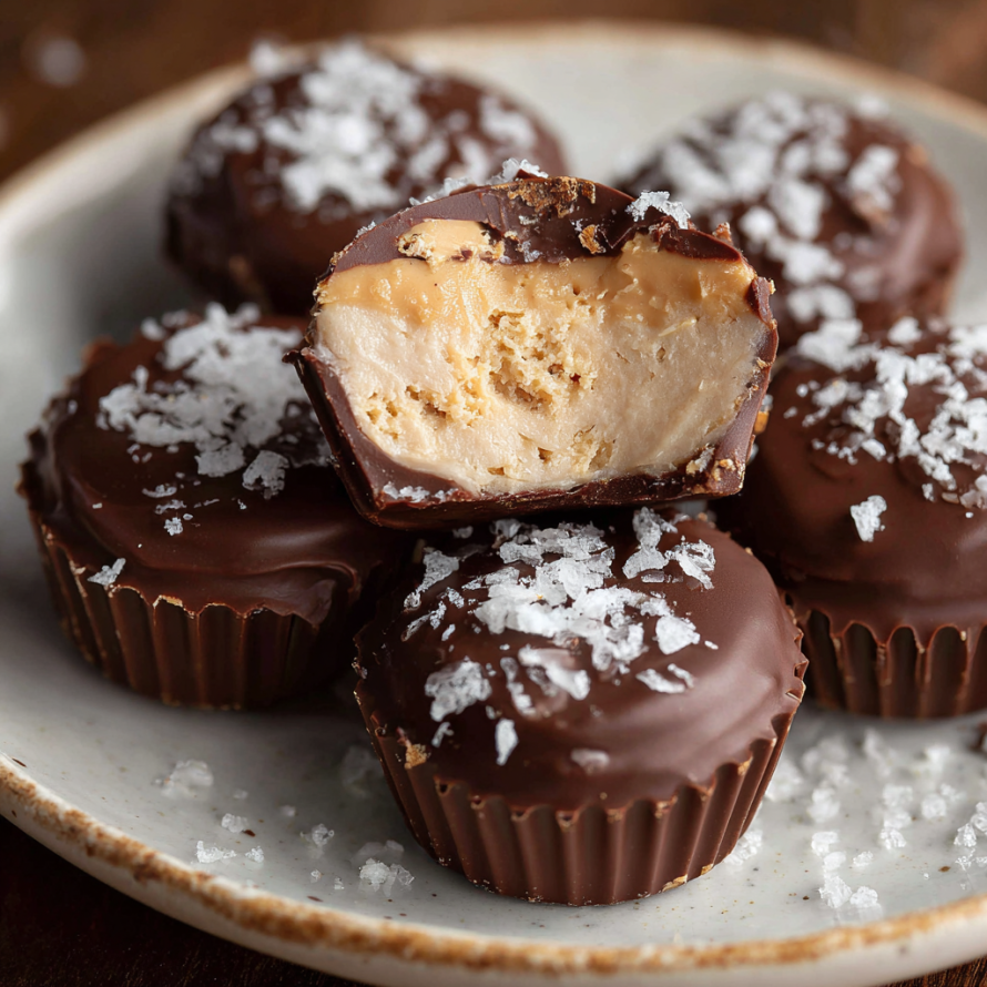 A plate of Peanut Butter Greek Yogurt Bites with chocolate drizzle and salt sprinkled on top.