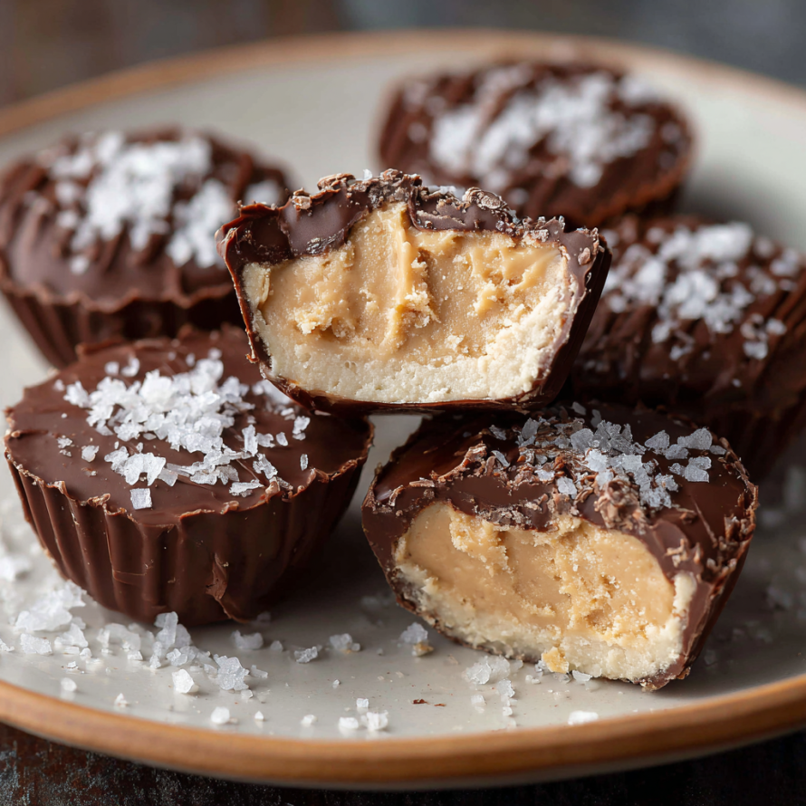 A plate of Peanut Butter Greek Yogurt Bites with a sprinkle of salt on top.
