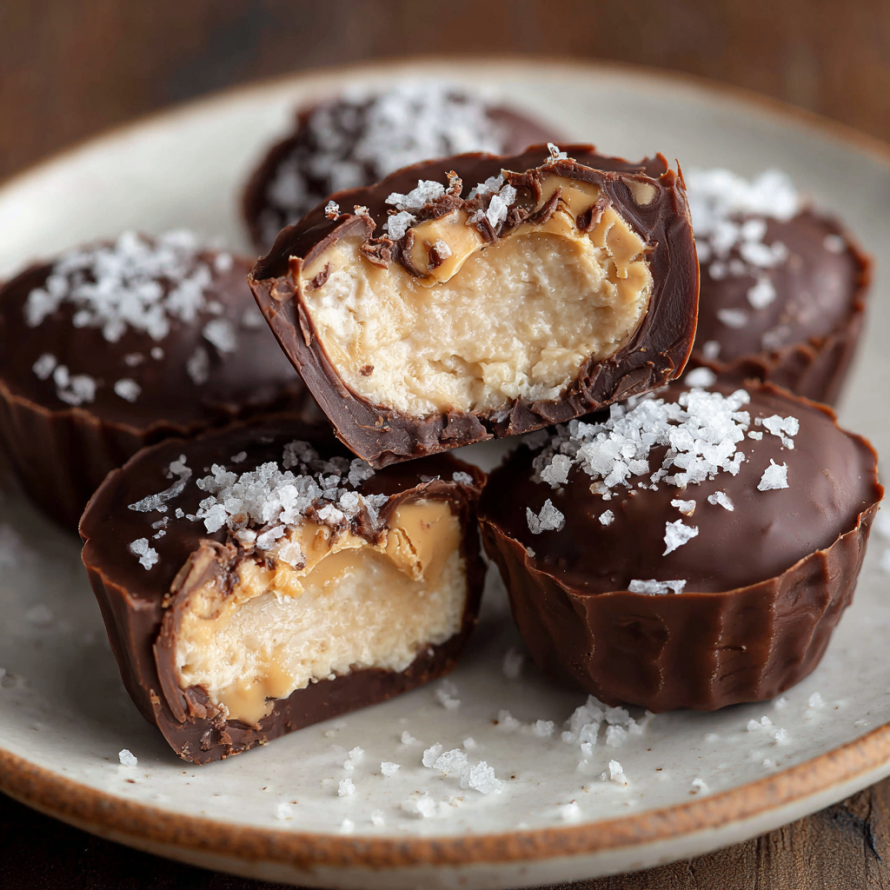 A plate of Peanut Butter Greek Yogurt Bites with a sprinkle of salt on top.