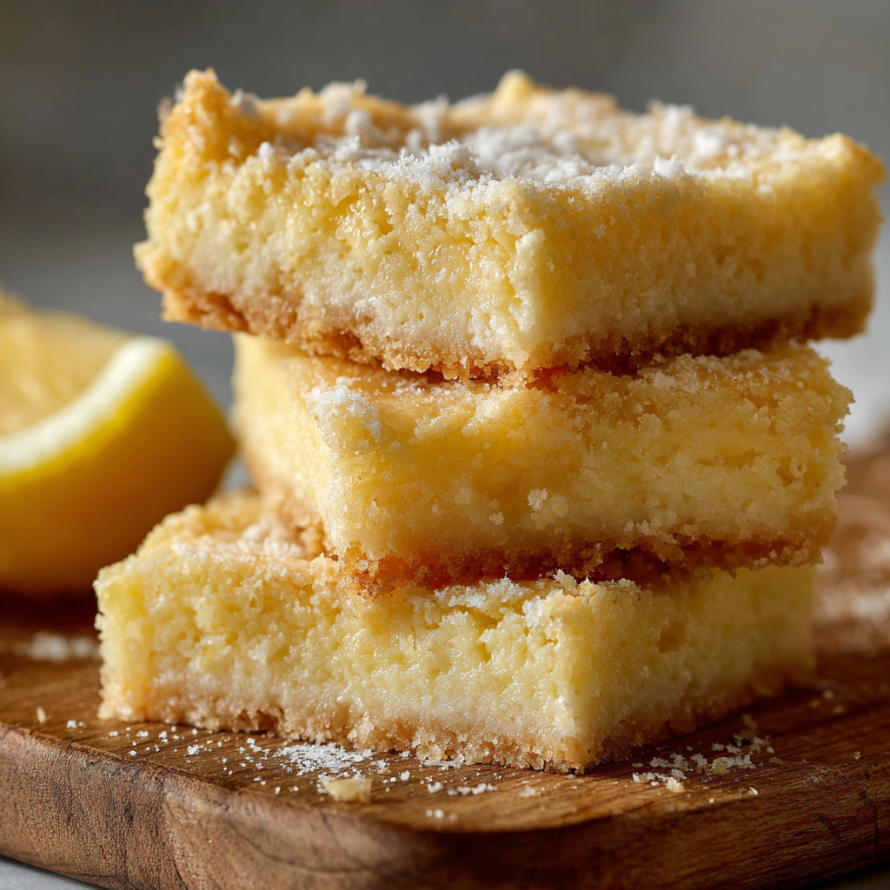 A stack of lemon cake slices on a wooden cutting board.