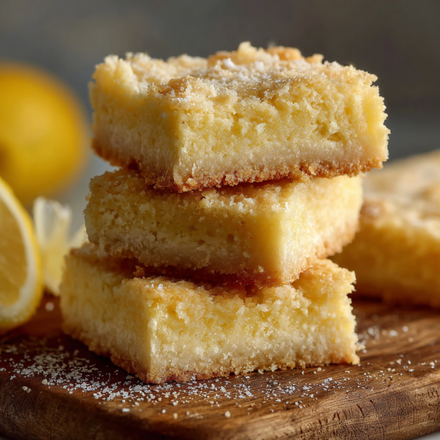 A stack of lemon squares on a wooden cutting board.