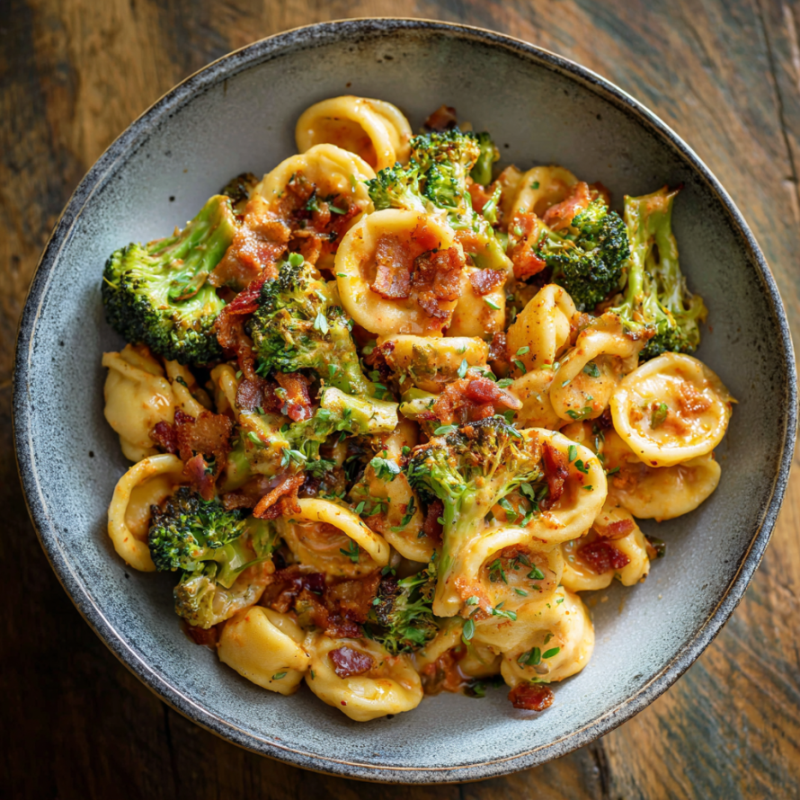 A bowl of pasta with broccoli and bacon, served on a wooden table.