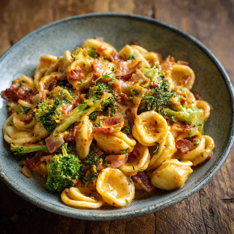 A bowl of pasta with broccoli and bacon.