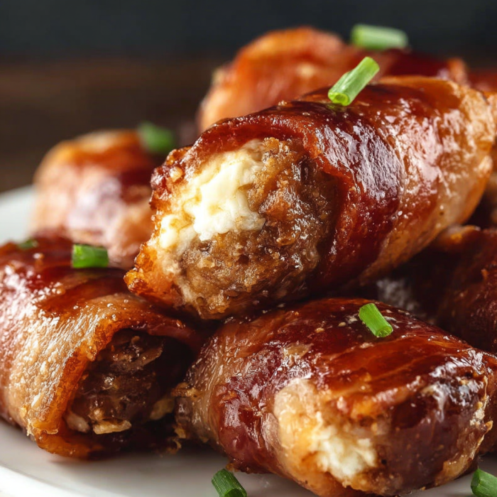 A plate of smoked bacon wrapped around a sausage, ready to be cooked.