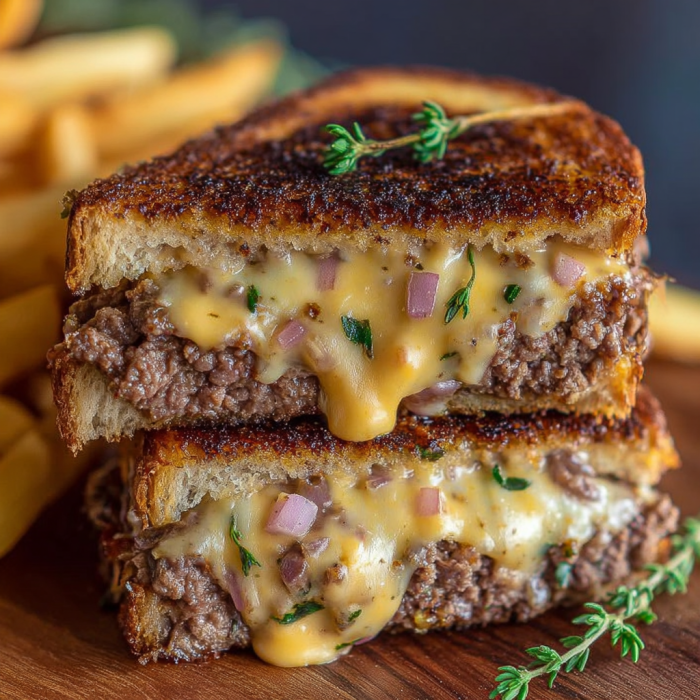 A close up of a delicious smashing patty melt sandwich with cheese and onions.