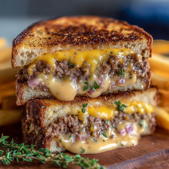 A close-up of a cheeseburger with onions and cheese, served on a wooden table with a side of fries.
