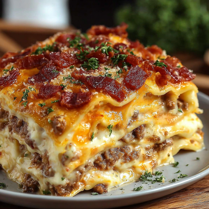 A delicious Parmesan Garlic Bacon Lasagna is served on a plate.