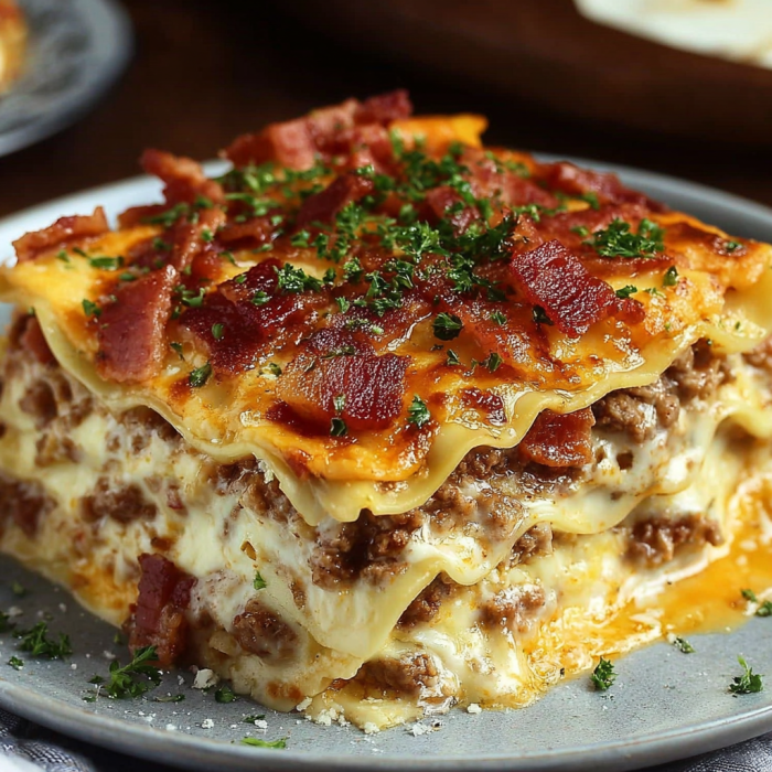 A delicious lasagna dish with bacon and cheese on top.