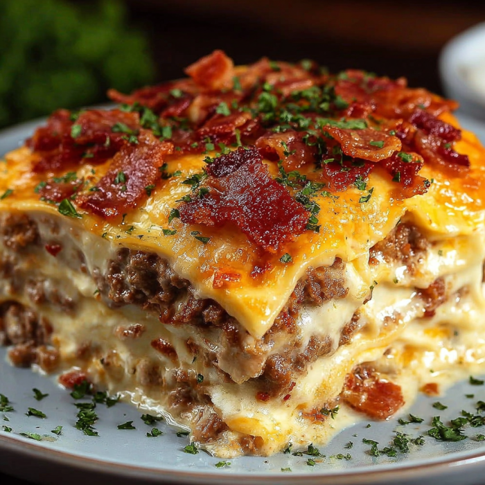 A delicious lasagna dish with bacon and cheese on top.