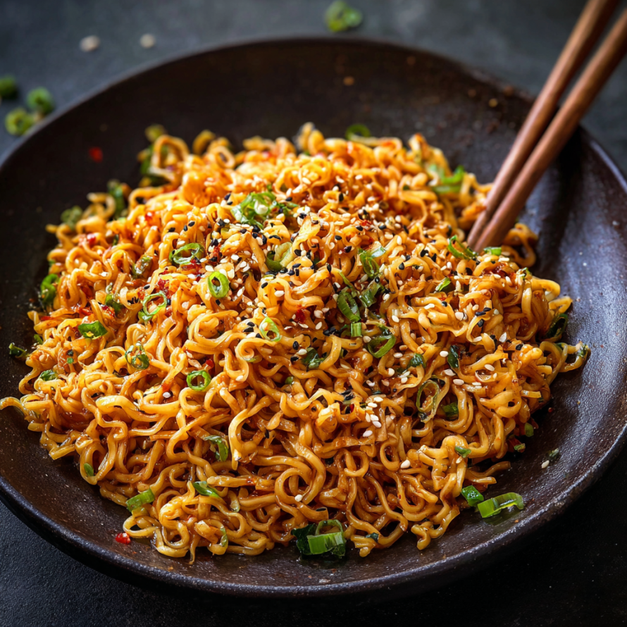 A bowl of Sesame Garlic Ramen Noodles is ready to be eaten.