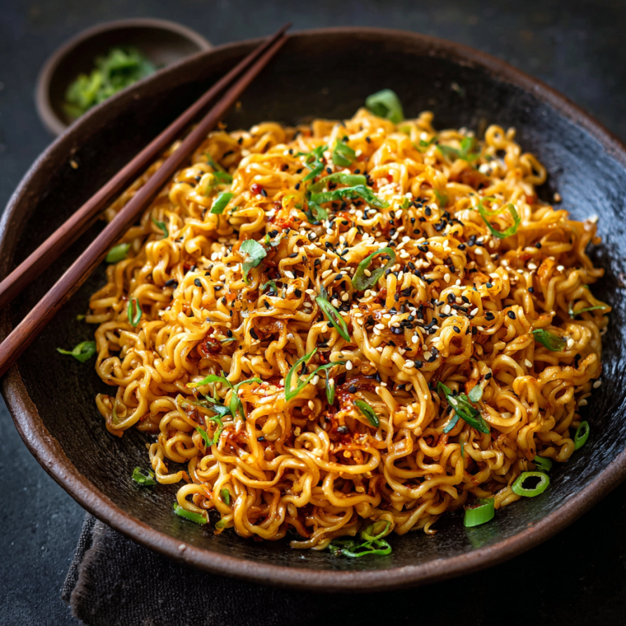 A bowl of noodles with vegetables and spices, such as sesame seeds and green onions, is served on a dining table.