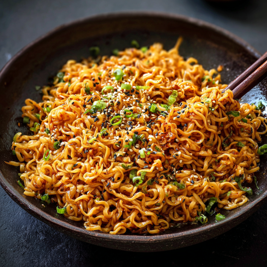 A bowl of noodles with vegetables and seasoning, possibly a stir fry dish.