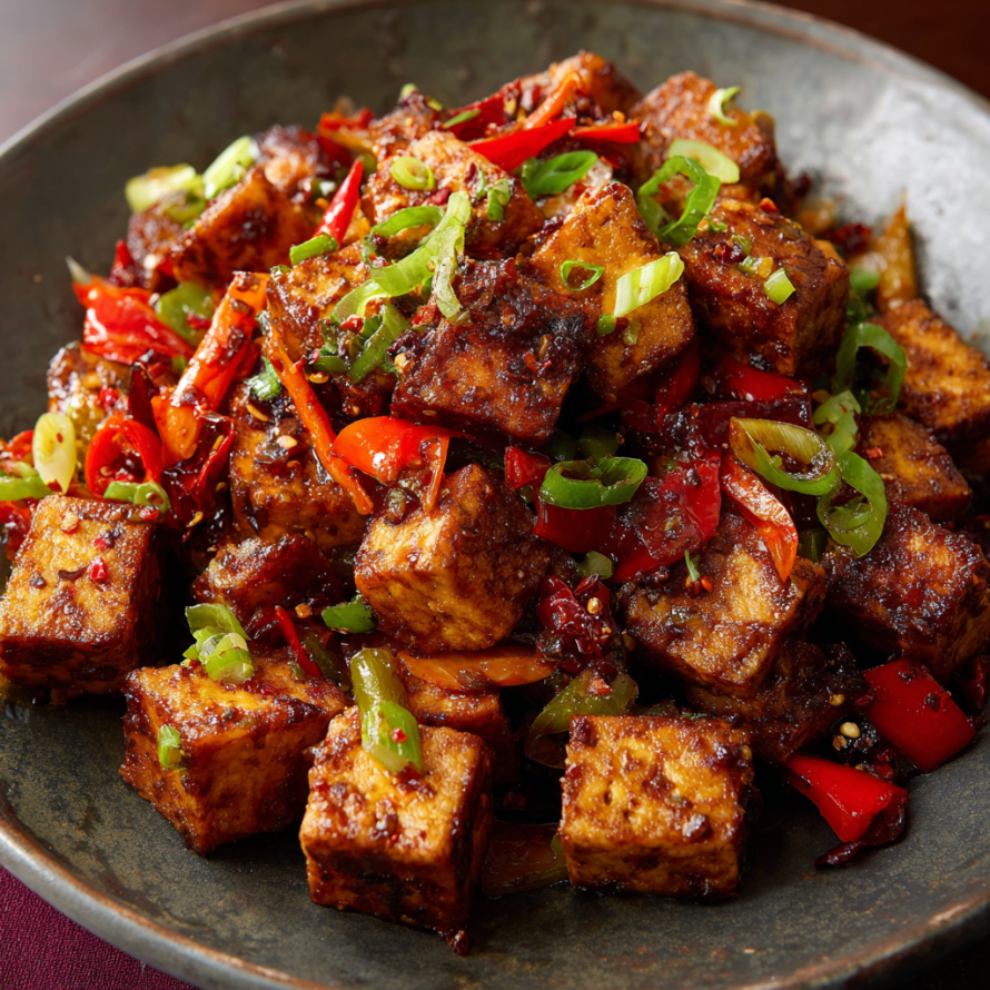 A bowl of Szechuan Tofu, a dish made with cubed tofu, peppers, and other vegetables, is presented on a table.