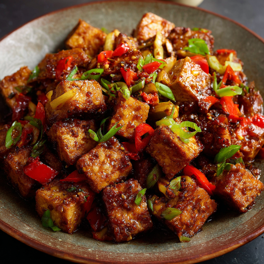 A bowl filled with a delicious stir fry dish, featuring a variety of vegetables and tofu.