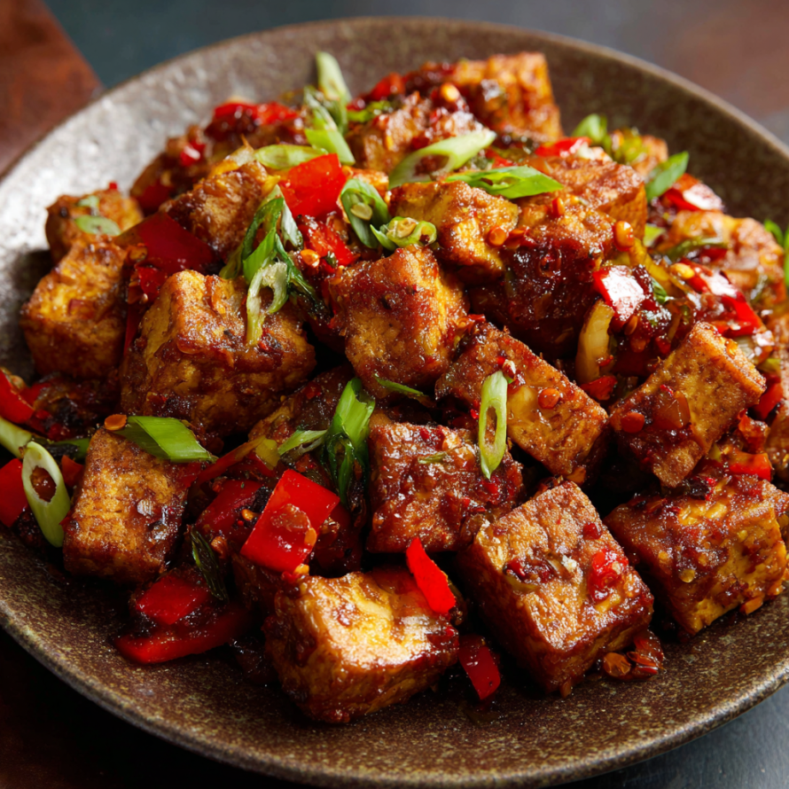 A bowl of Asian cuisine, including tofu, peppers, and onions, is served on a dining table.