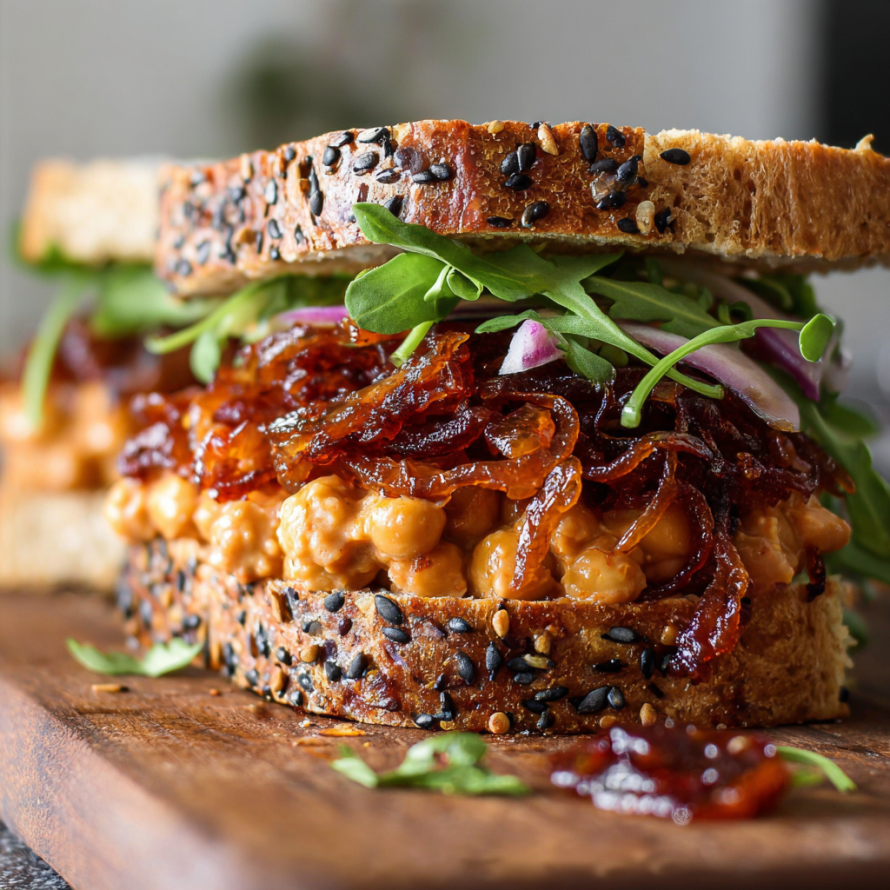 A sandwich with meat and vegetables on a wooden cutting board.